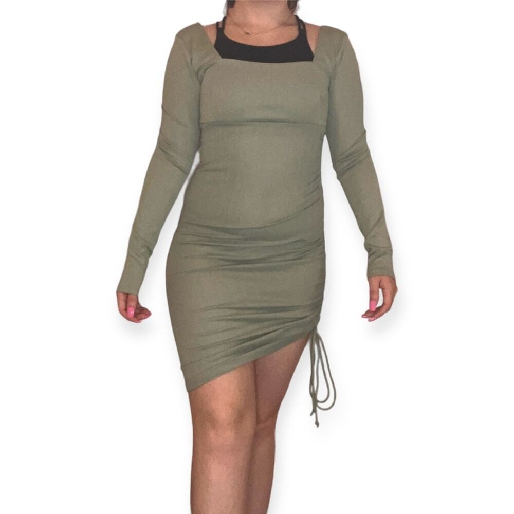 Forever 21 Sage Green Ruched Side Tie Mini Dress Long Sleeve Sz Small Minimalist - Picture 2 of 12